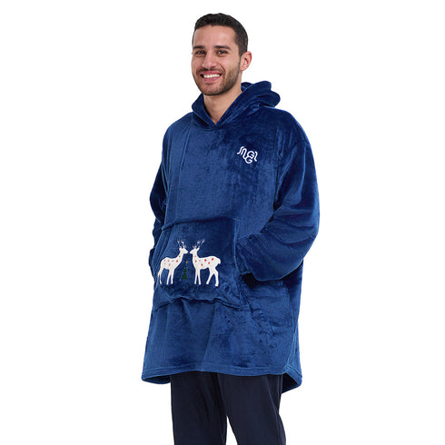 Snuggs Blanket Hoodie Dark Blue Christmas Deer Pocket